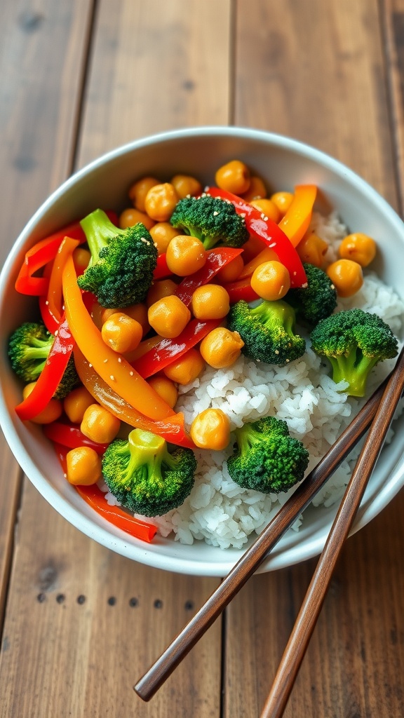 Simple 5-Ingredient Vegan Stir-Fry Dinner Vegan stir-fry with bell peppers, broccoli, and chickpeas over rice, served in a bowl with chopsticks.